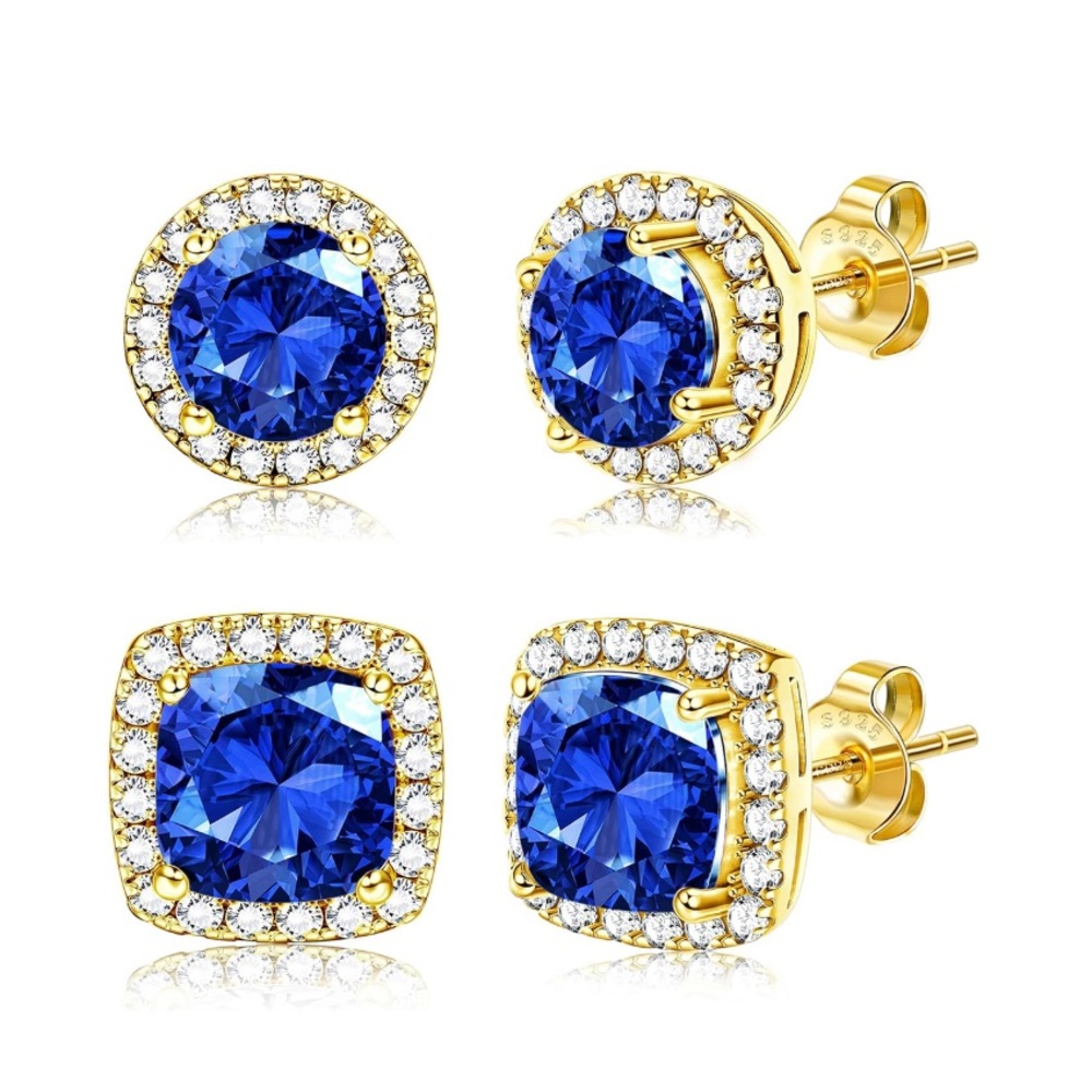 14K Gold - 925 Sterling Silver Unisex Blue Faceted Diamond Cut CZ Stud Earrings